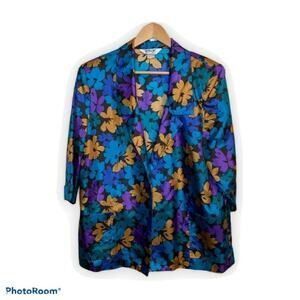 VINTAGE 70s Terry Chicago Floral Blazer Jacket XL XXL 1X Gold Black Purple Blue